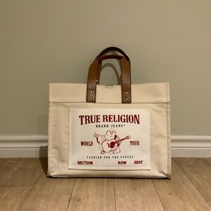 True Religion Cream Canvas Tote with Brown Leather Handles